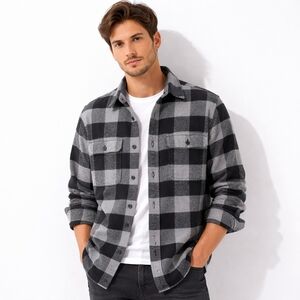 L.L.Bean Organic Cotton Flannel Shirt Medium Black Grey Plaid Slightly Fitted